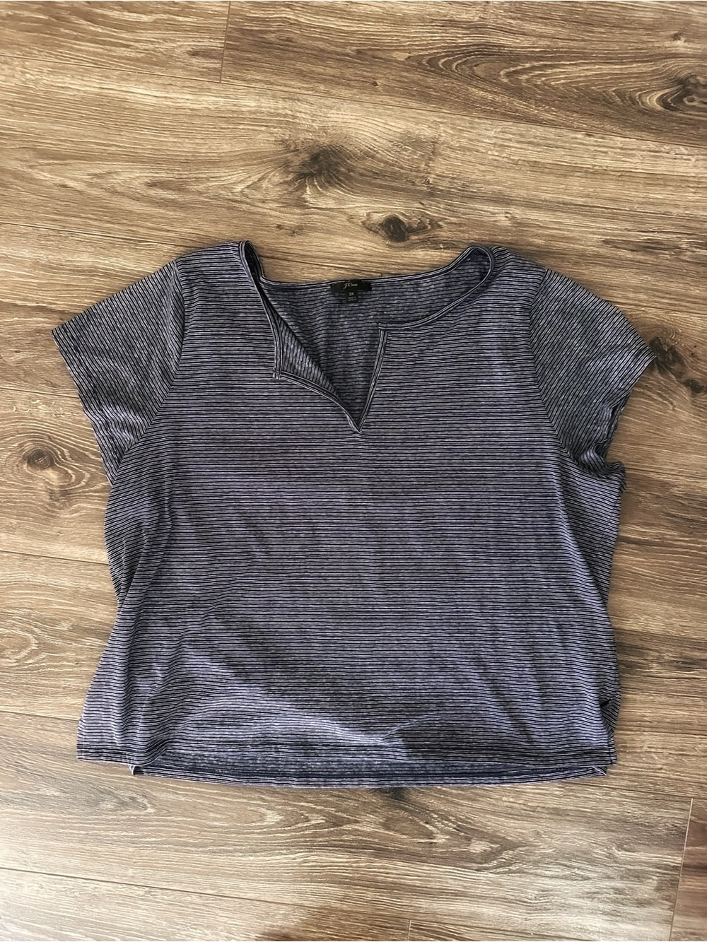 J. Crew Navy and White Thin-Stripe Short-Sleeve Tee with Notch Neck